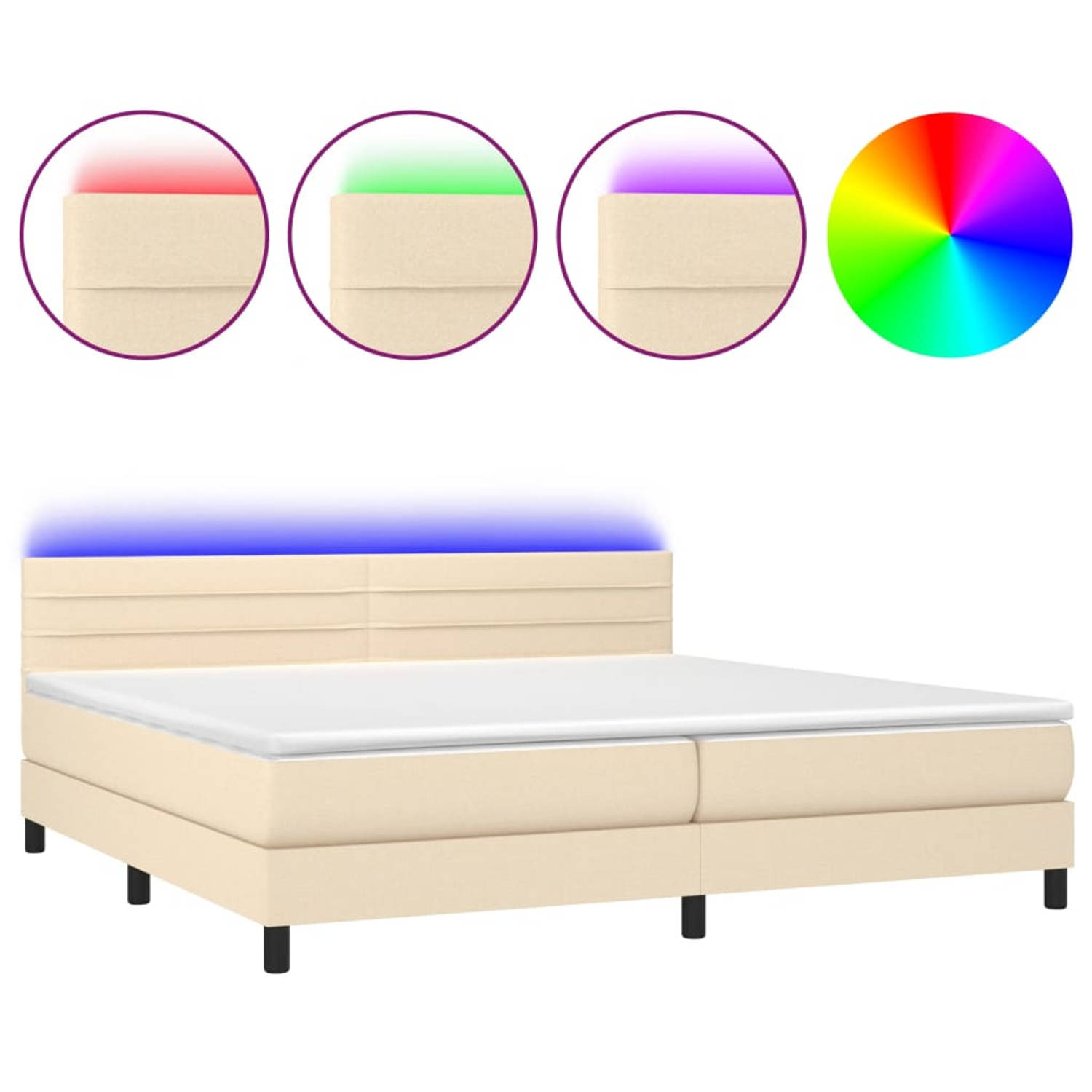 The Living Store Boxspring LED - Crème - 203 x 200 x 78/88 cm - Duurzaam - Verstelbaar hoofdbord - Kleurrijke LED-verlichting - Pocketvering matras - Huidvriendelijk topmatras - US