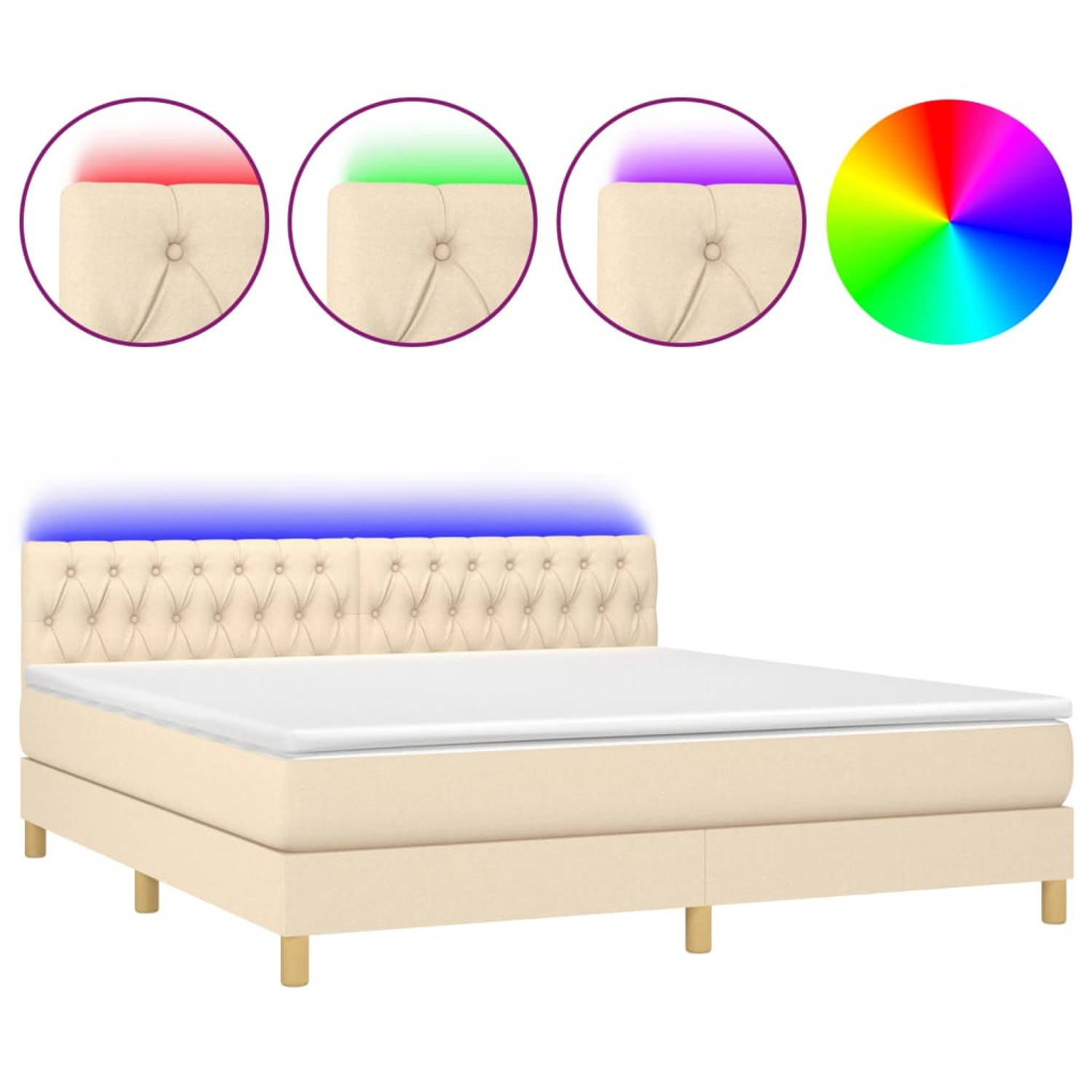 The Living Store Boxspring Bed - Crème - 203 x 180 x 78/88 cm - Verstelbaar hoofdbord - Kleurrijke LED-verlichting - Pocketvering matras - Huidvriendelijk topmatras - Inclusief mon