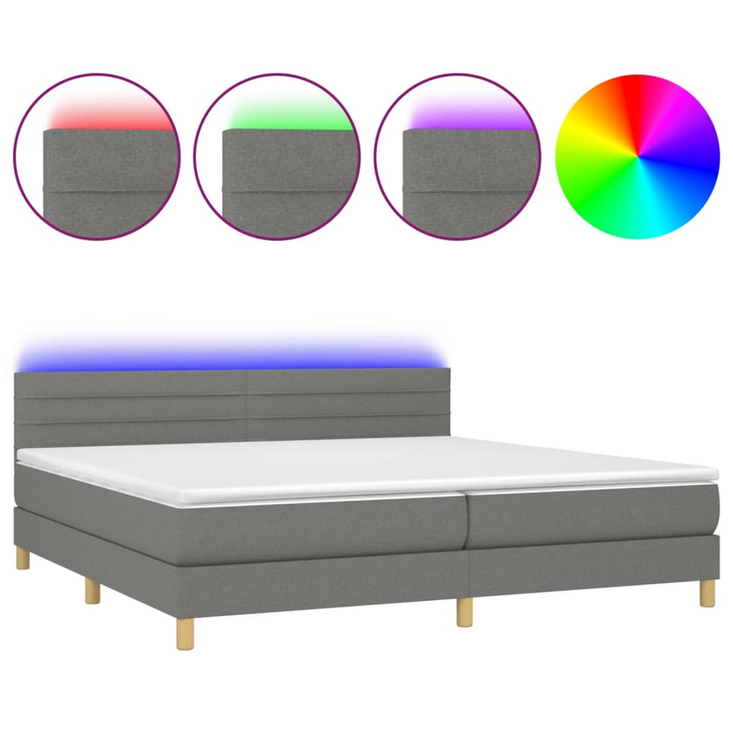 The Living Store Boxspring met matras en LED stof donkergrijs 200x200 cm - Bed
