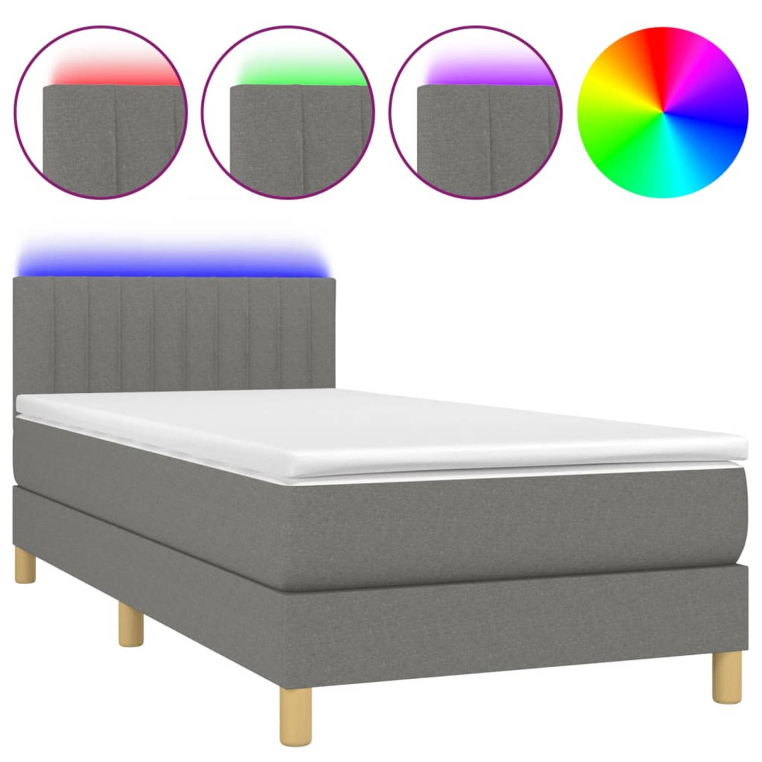 The Living Store Boxspring Bed - Donkergrijs - 203 x 80 x 78/88 cm - Verstelbaar hoofdbord - Kleurrijke LED-verlichting - Pocketvering matras - Huidvriendelijk topmatras - Inclusie