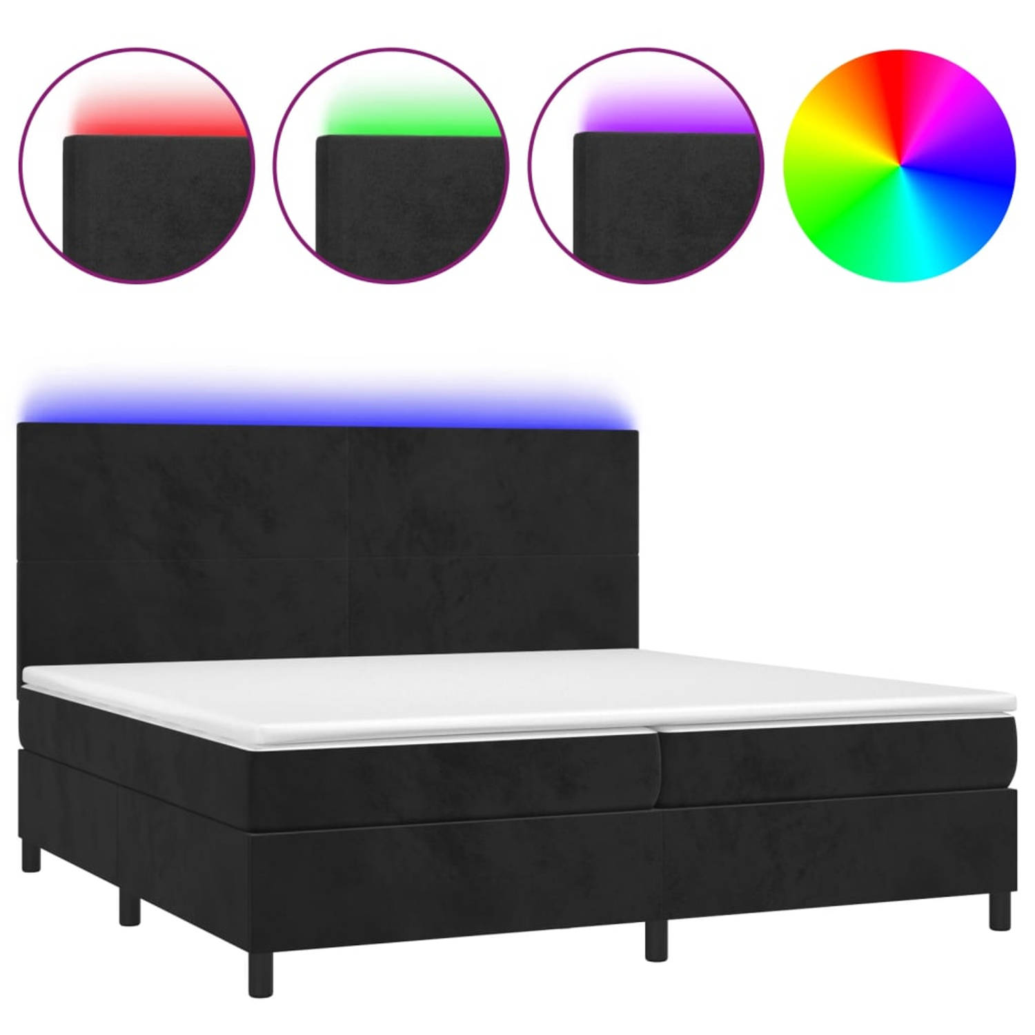The Living Store Bed - Boxspring - 203 x 200 x 118/128 cm - Zwart Fluweel - Inclusief Matras en LED