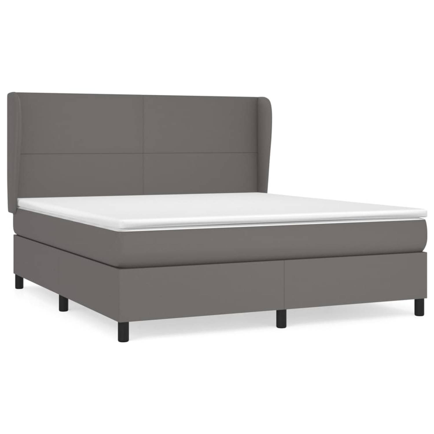 The Living Store Boxspringbed - Grijs kunstleer - 203 x 163 x 118/128 cm - Met verstelbaar hoofdbord - Pocketvering matras - Middelharde ondersteuning - Huidvriendelijk topmatras