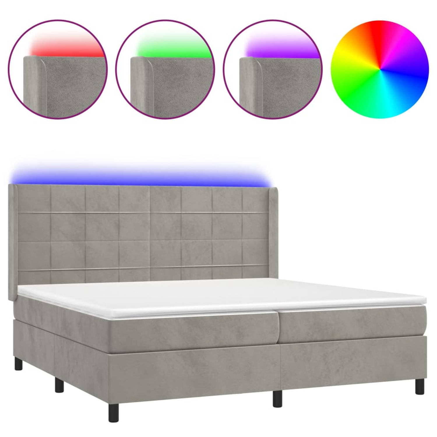 The Living Store Boxspring met matras en LED fluweel lichtgrijs 200x200 cm - Bed