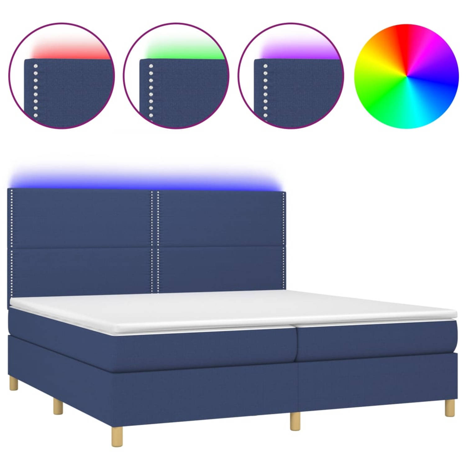 The Living Store Boxspring LED - Blauw - 203x200x118/128 - Pocketvering matras - Huidvriendelijk topmatras - Kleurrijke LED-verlichting