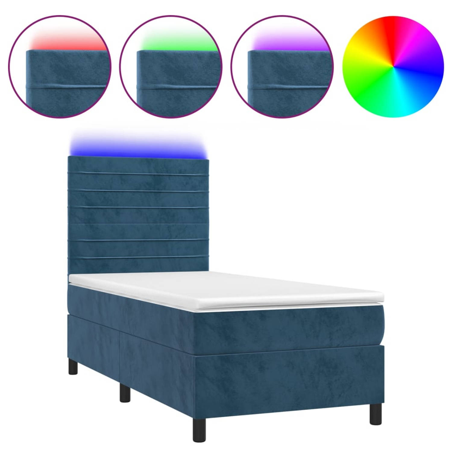 The Living Store Boxspring s Bed - 203x100x118/128 cm - Dark Blue Velvet - Pocket Spring Mattress - Comfortable Top Mattress - Colorful LED Lights