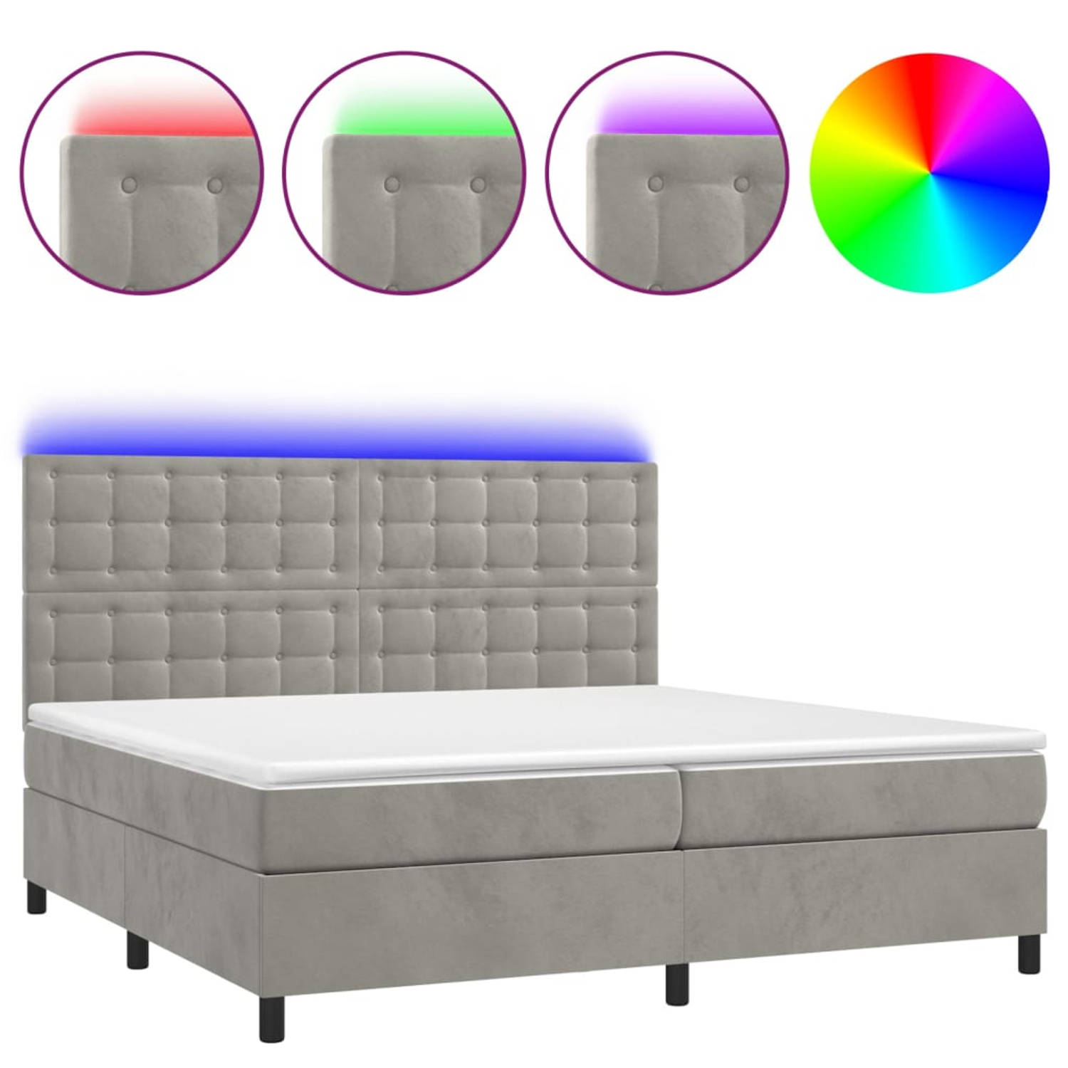 The Living Store Boxspring met matras en LED fluweel lichtgrijs 200x200 cm - Bed