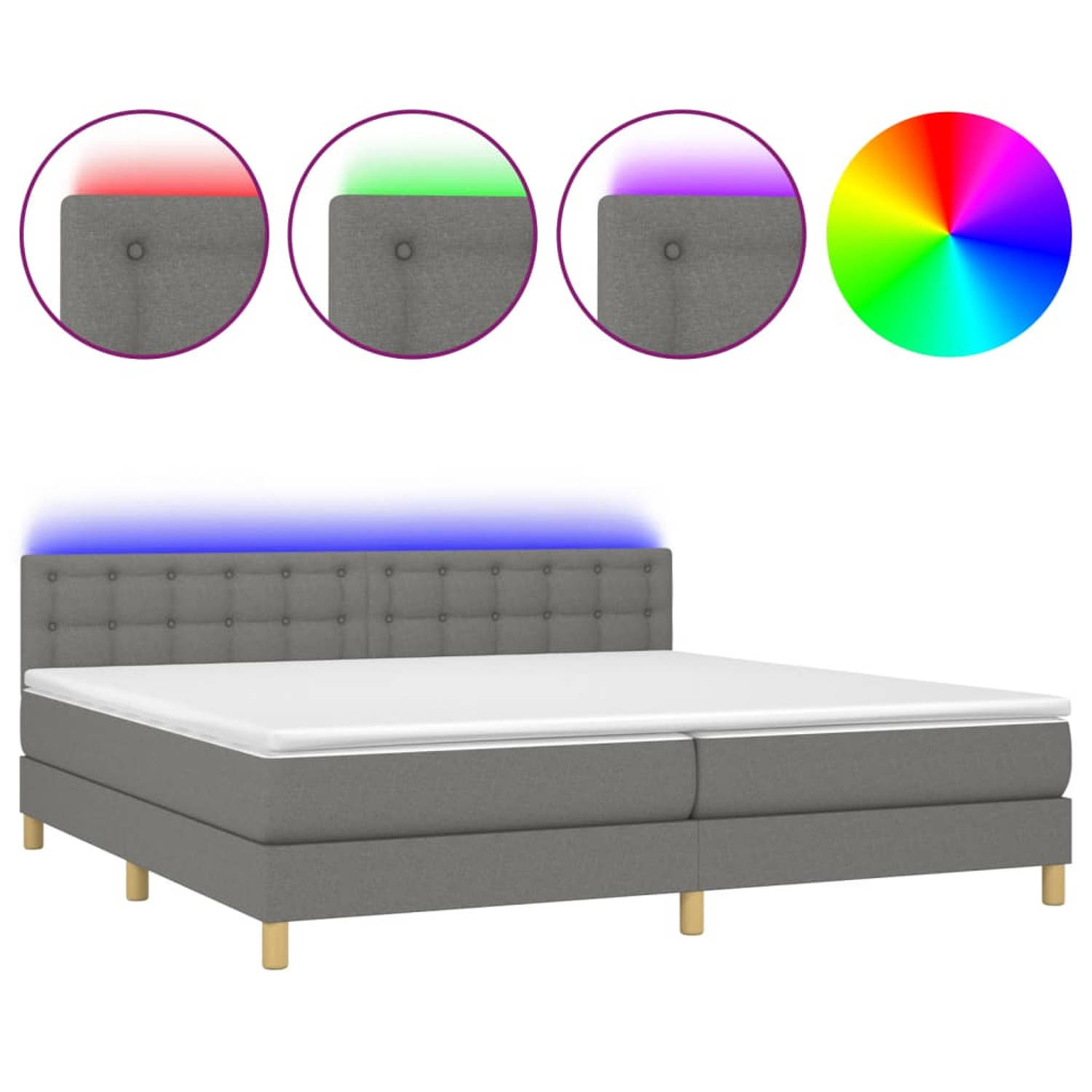 The Living Store Bed LED - Boxspring 203x200x78/88cm - Donkergrijs - Duurzaam en ademend stof - Verstelbaar