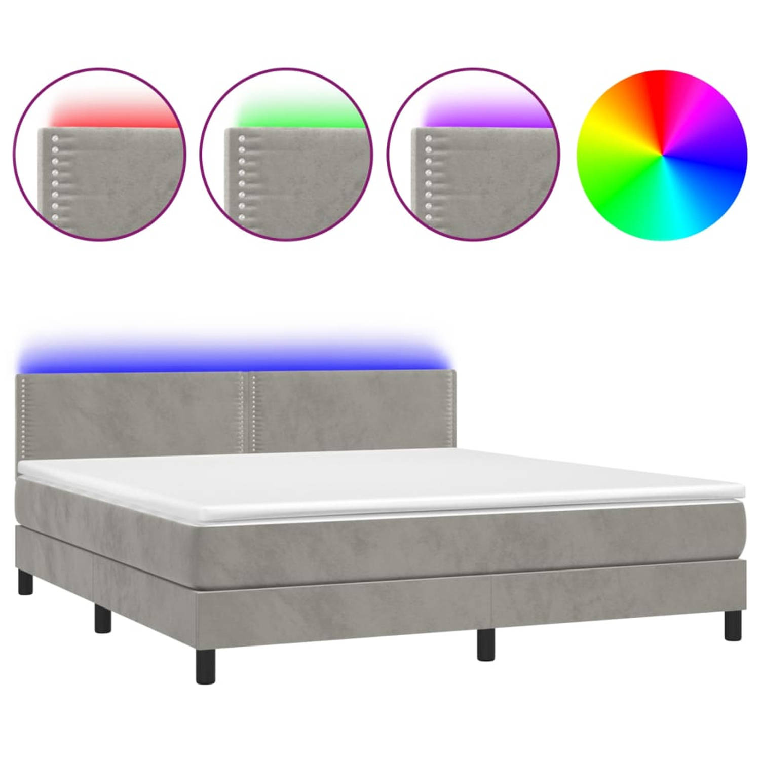 The Living Store Boxspring Bed - Fluwelen stof - Verstelbaar hoofdbord - Kleurrijke LED-verlichting - Pocketvering matras - Huidvriendelijk topmatras - Lichtgrijs - 203x160x78/88 c