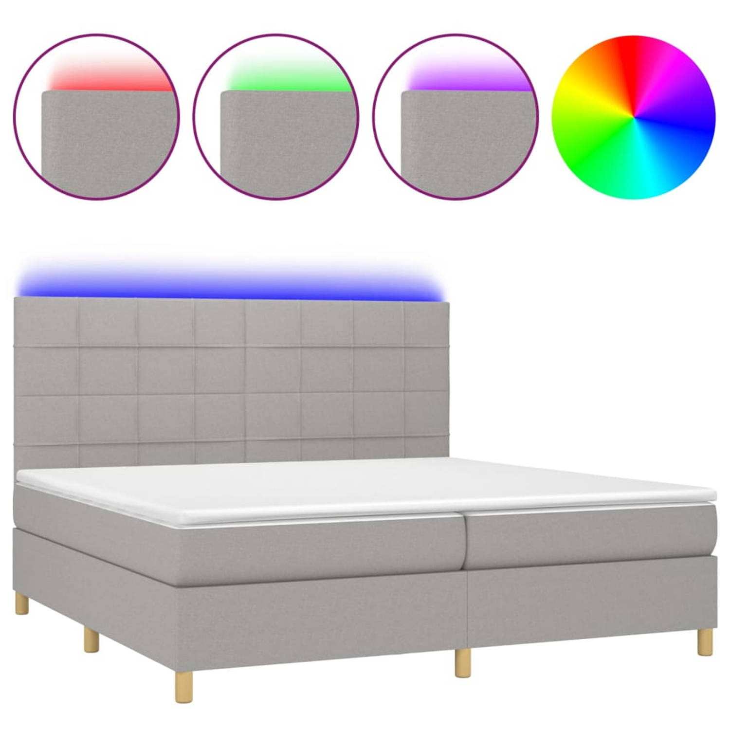 The Living Store Boxspring met matras en LED stof lichtgrijs 200x200 cm - Bed