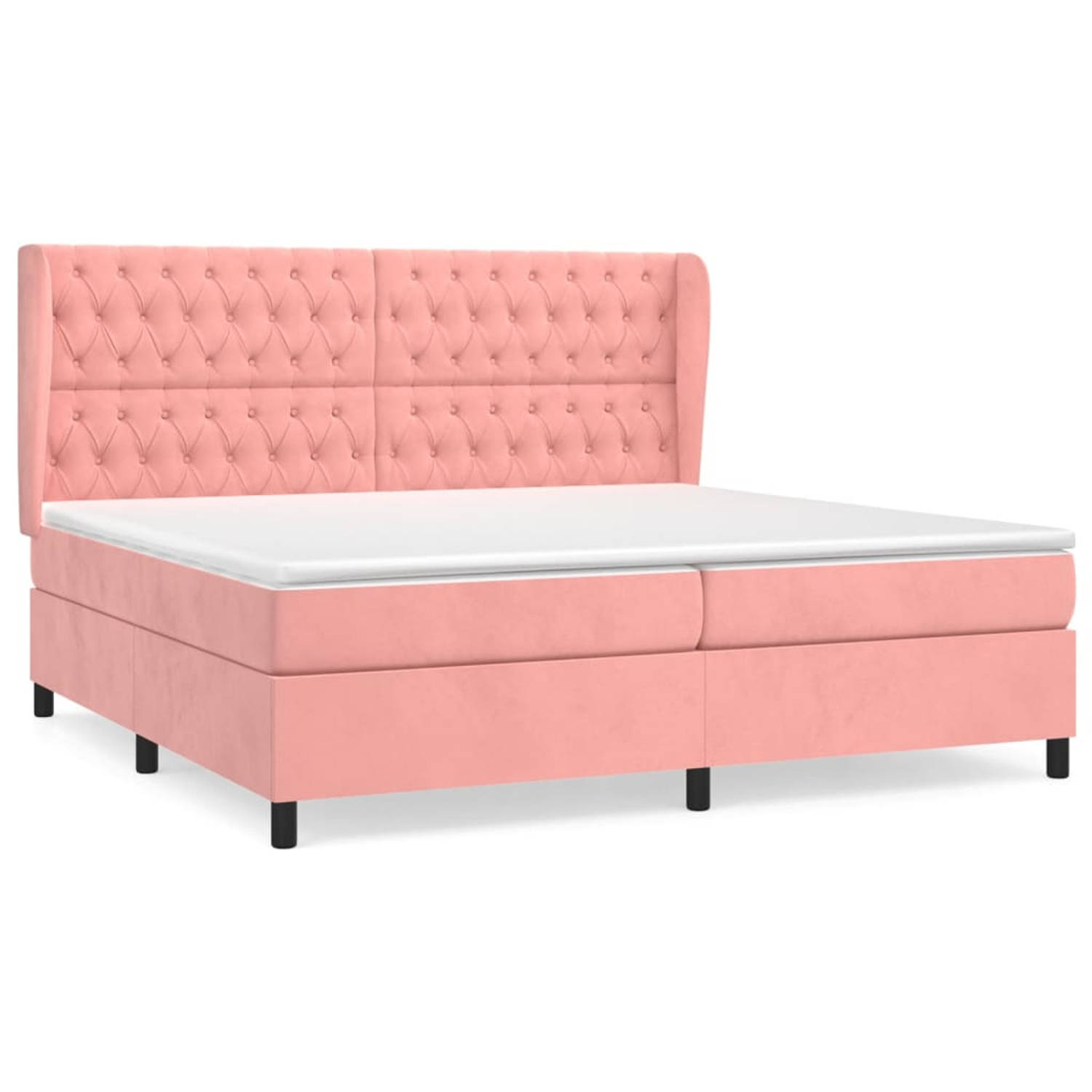 The Living Store Boxspringbed - Fluweel - Pocketvering - Middelharde ondersteuning - Huidvriendelijk - Roze - 203x203x118/128 cm - Met hoofdbord - Inclusief 2 matrassen en 1 topmat