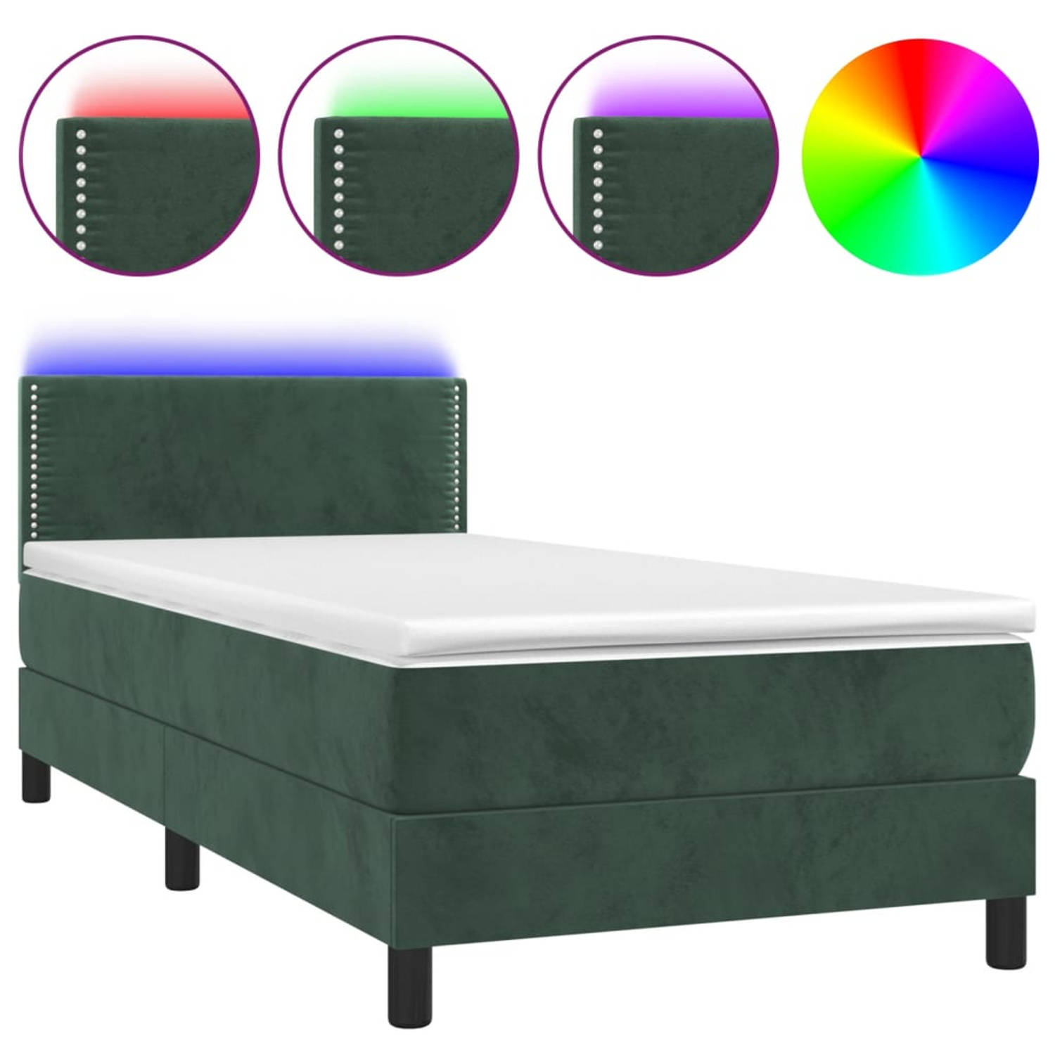 The Living Store Boxspring met matras en LED fluweel donkergroen 100x200 cm - Bed