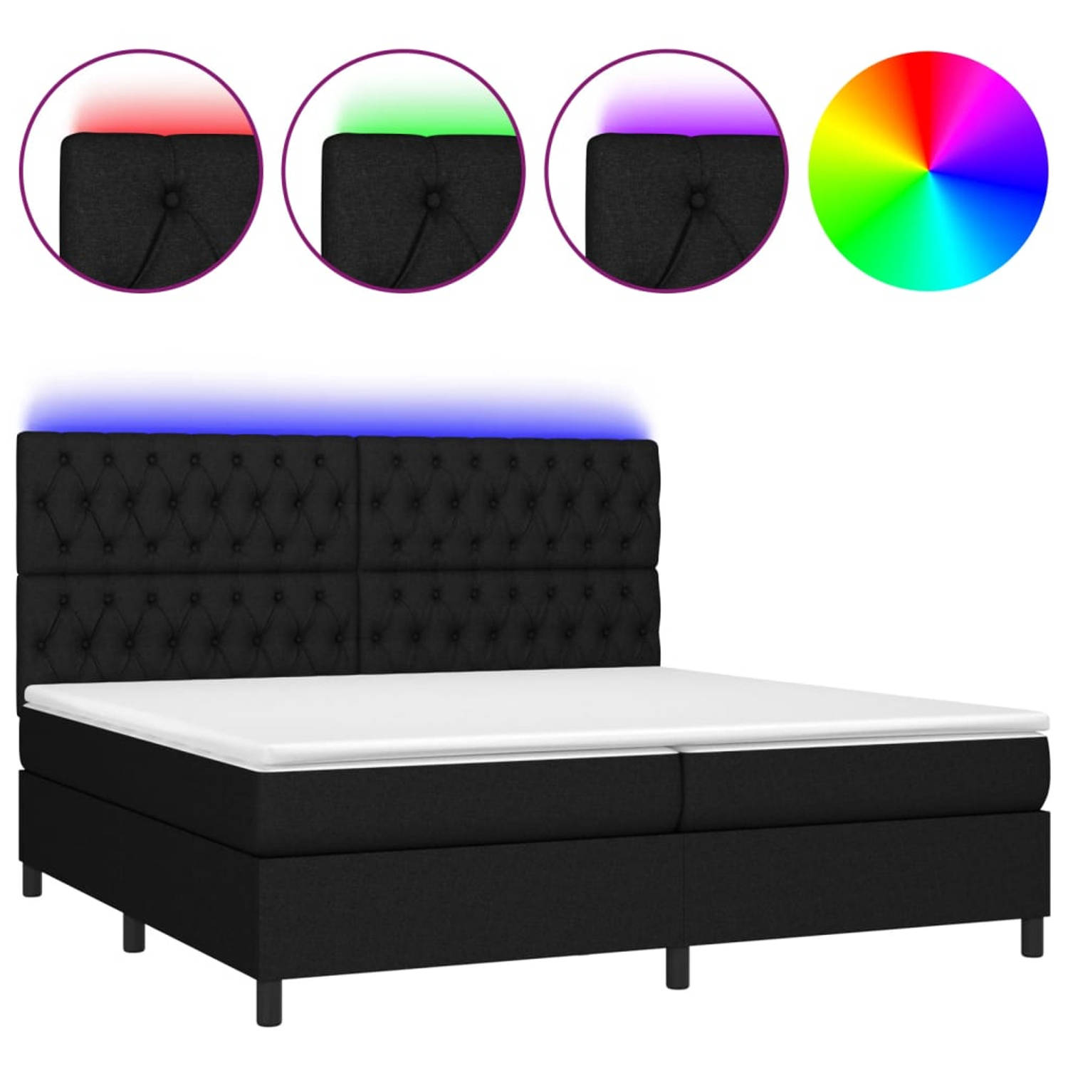 The Living Store Boxspring Luxe LED - 203 x 200 x 118/128 cm - Zwart - Pocketvering matras - Huidvriendelijk topmatras - Kleurrijke LED-verlichting - Montagehandleiding meegeleverd