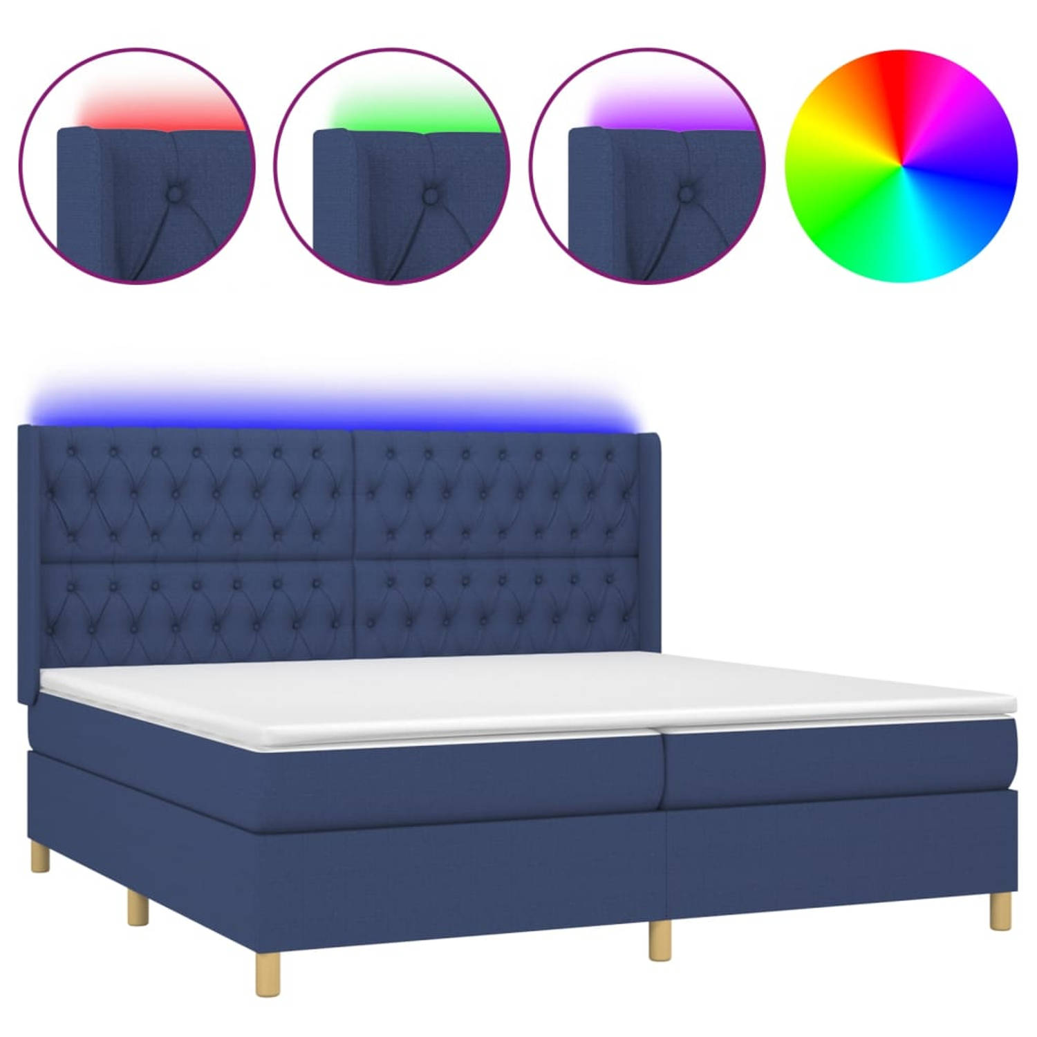 The Living Store Boxspringset - Blauw - 203x203x118/128 cm - LED-verlichting - Pocketvering matras - Huidvriendelijk topmatras
