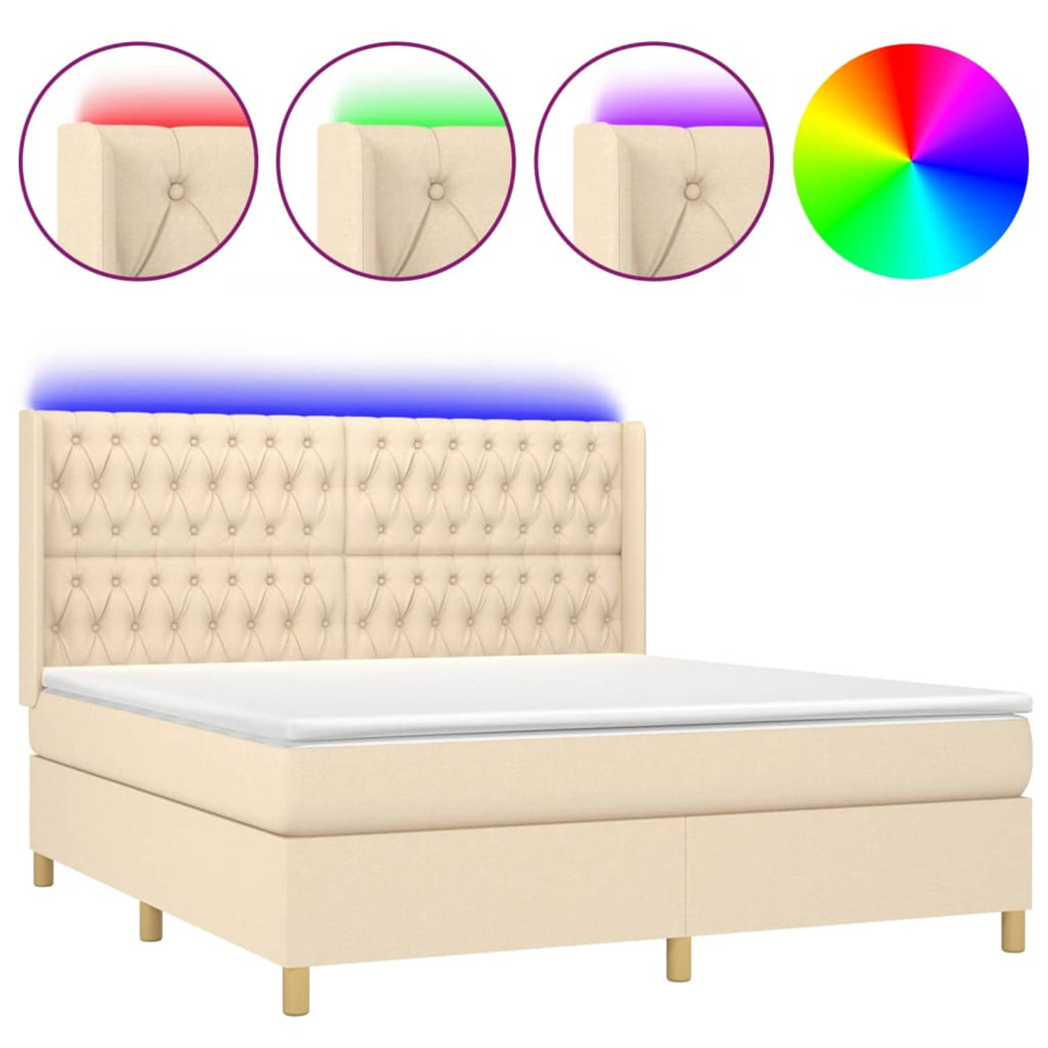 The Living Store Boxspring Bed - Crème - 203 x 163 x 118/128 cm - Inclusief Matras en LED