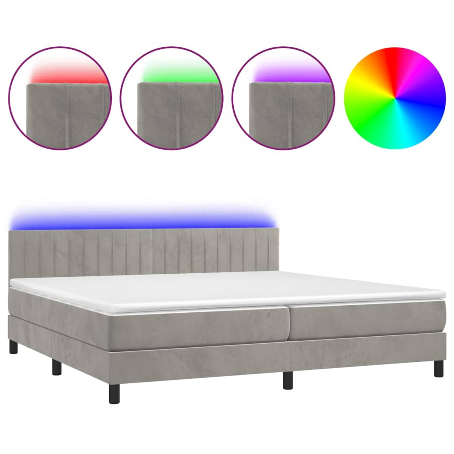 The Living Store Boxspring met matras en LED fluweel lichtgrijs 200x200 cm - Bed