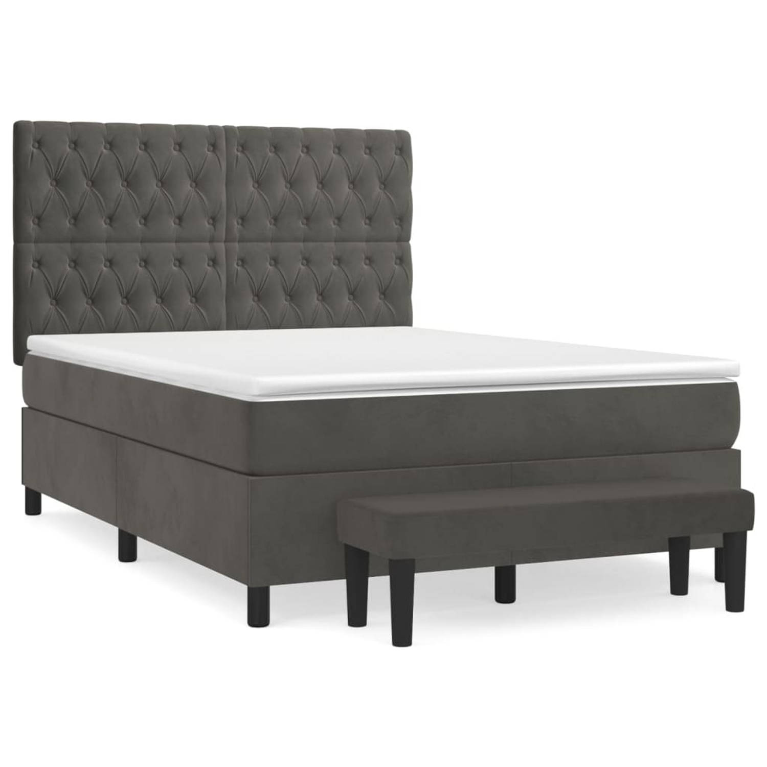 The Living Store Boxspringbed - donkergrijs - 203 x 144 x 118/128 cm - fluweel - verstelbaar hoofdbord - pocketvering