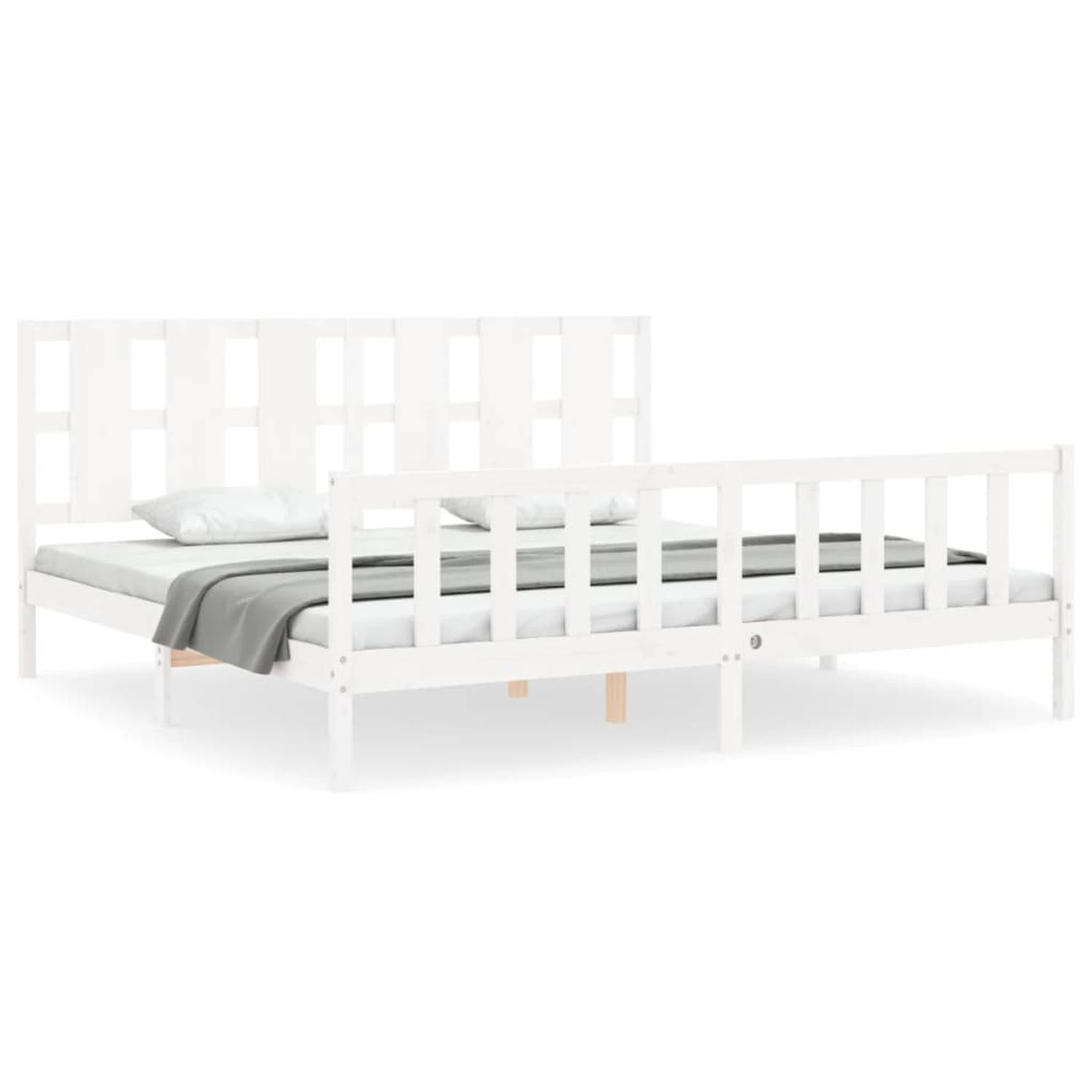 The Living Store Bedframe met hoofdbord massief hout wit 200x200 cm - Bedframe - Bedframes - Bed - Tweepersoonsbed - Slaapkamermeubel - Houten Bedframe - Houten Bed - Bedbodem - Ma