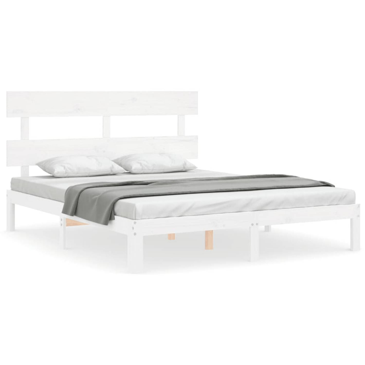 The Living Store Bedframe met hoofdbord massief hout wit 160x200 cm - Bed