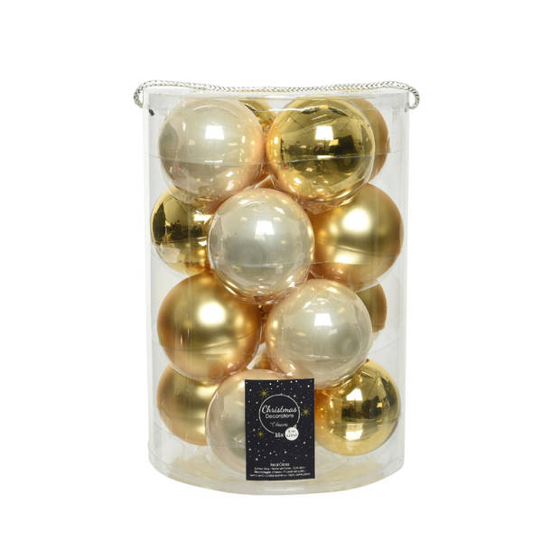 Decoris - Kerstbal glas d8 cm parel/goud 16st kerst