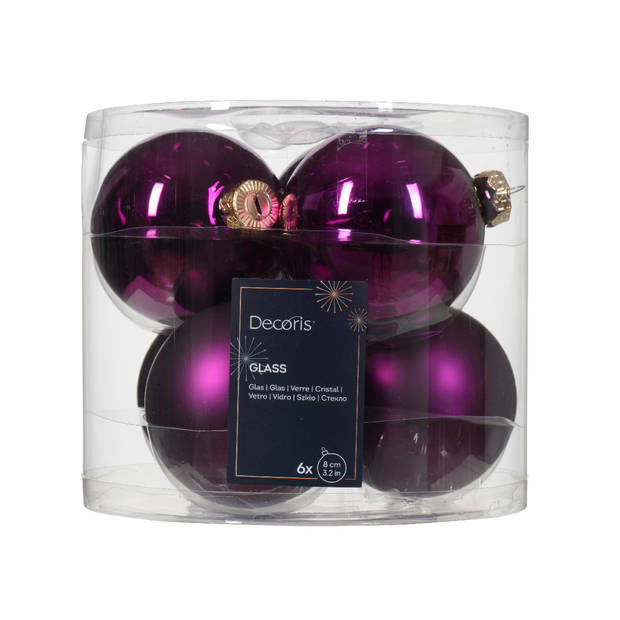 Decoris - Kerstbal glas d8 cm violet ass 6st kerst