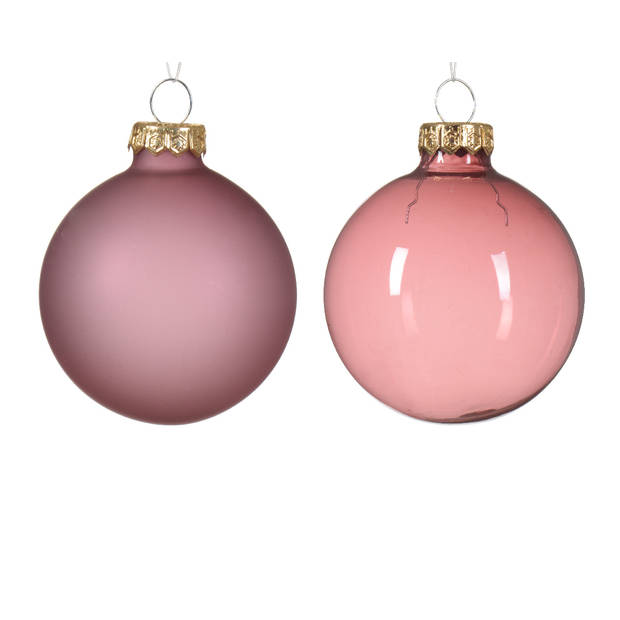 Decoris - Kerstbal glas d6 cm velours roze 6st kerst