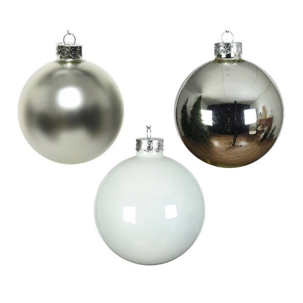 Decoris - Kerstbal glas d8 cm wit/zlvr ass 16st kerst