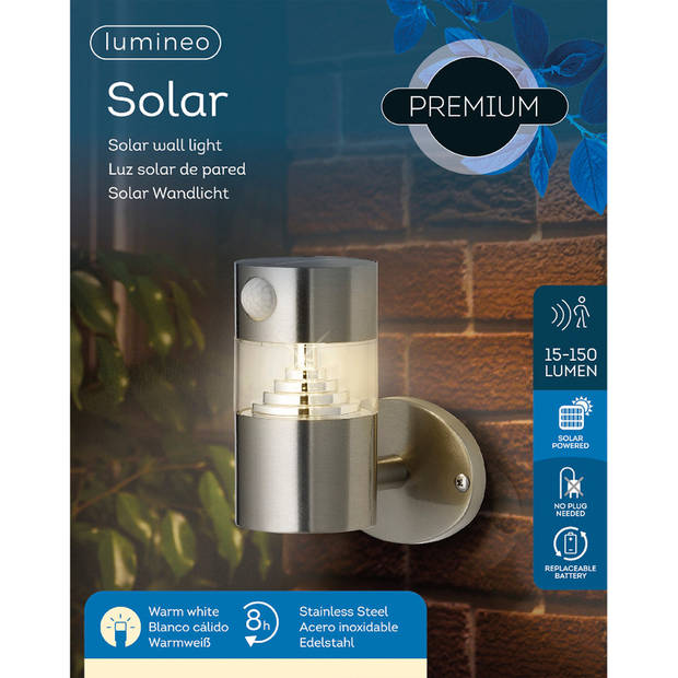 Lumineo wandlamp met sensor op zonne-energie- rvs - warm wit - Buitenverlichting