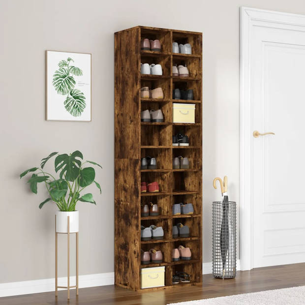 The Living Store Schoenenrek Gerookt Eiken - 54x34x183 cm - Met 22 schappen - Bewerkt hout