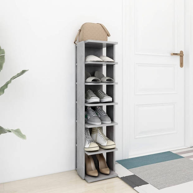 The Living Store Schoenenkast Betongrijs 27.5x27x102cm - Bewerkt Hout - 6 Schappen