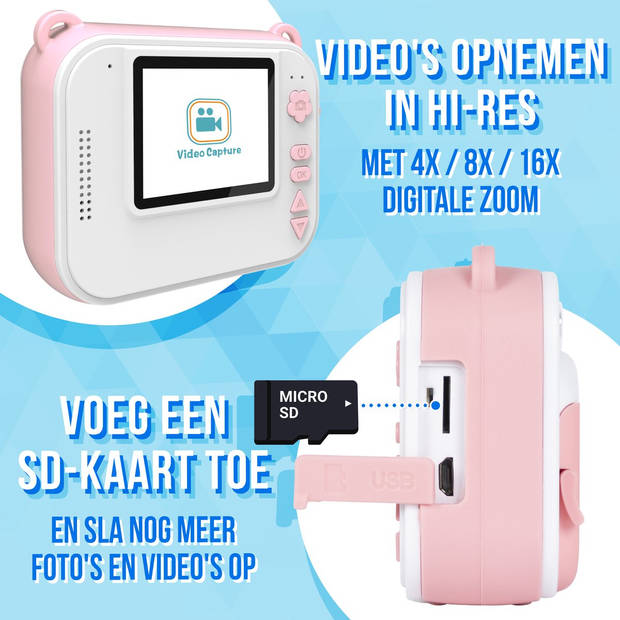 Silvergear Kindercamera - Mobiele Fotoprinter - 4 Games - MP3 - Roze