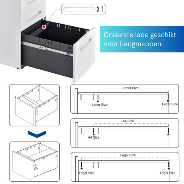 Ladeblok - Ladeblok bureau - bureaukast - Archiefkast - 3 lades - Met slot - Staal - Wit