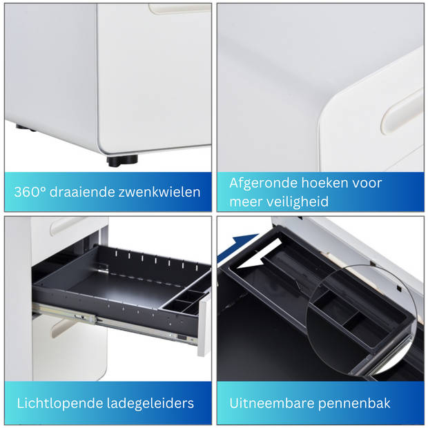 Ladeblok - Ladeblok bureau - bureaukast - Archiefkast - 3 lades - Met slot - Staal - Wit