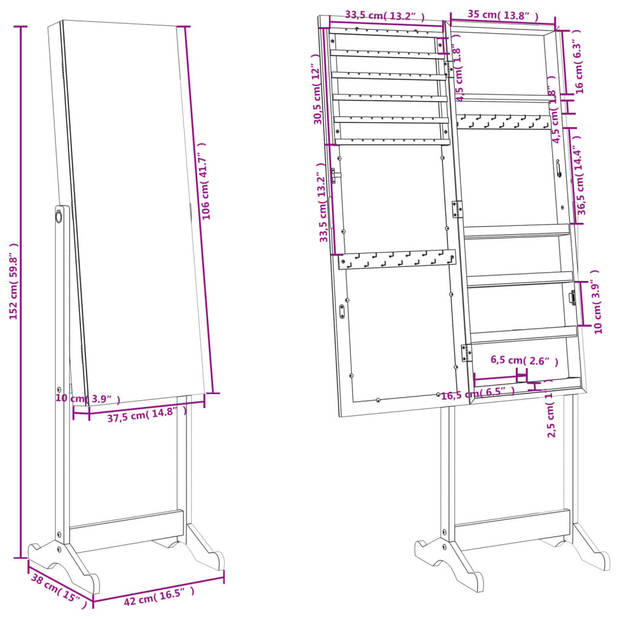 The Living Store Sieradenkast met Spiegel - Vrijstaand - 42 x 38 x 152 cm - Duurzaam materiaal