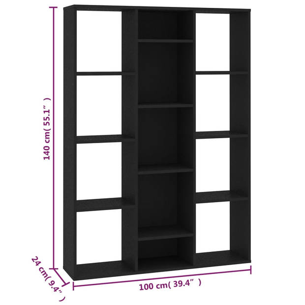 The Living Store Kast Boekenrek 100x24x140 cm - Hout - 13 vakken - Zwart