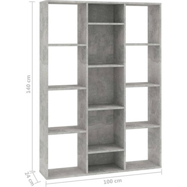 The Living Store Boekenrek Betongrijs 100x24x140 cm - Met 13 vakken - Te gebruiken als boekenkast