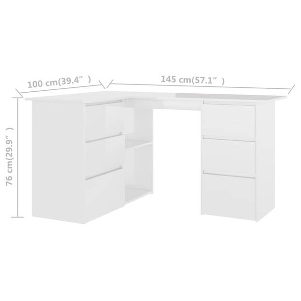 The Living Store Hoekbureau - Bewerkt hout - 145 x 100 x 76 cm - Hoogglans wit