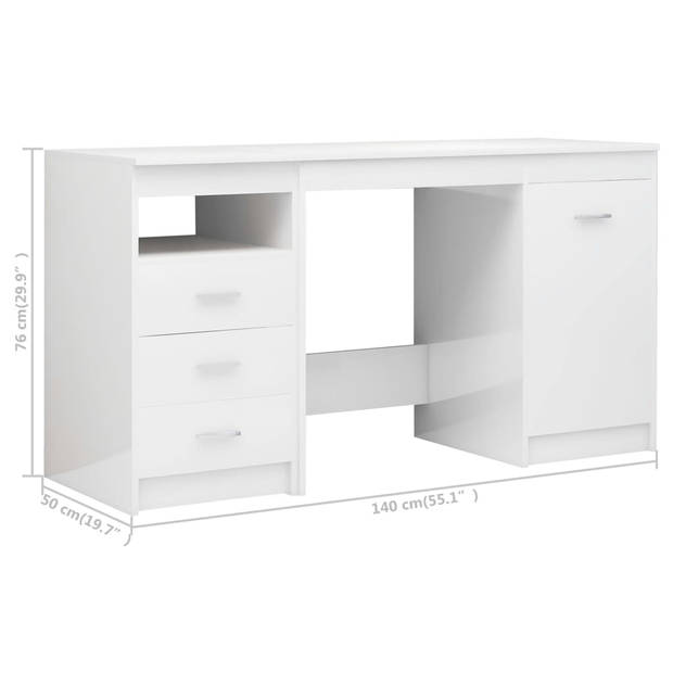 The Living Store Bureau The Living Store - Strak - Modern - Bureau met 3 Lades en 1 Vak - Hoogglans Wit - Spaanplaat -