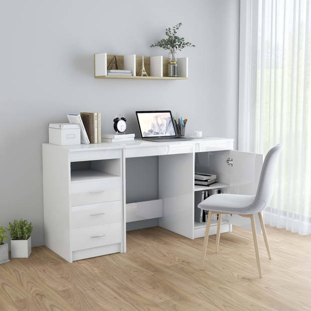 The Living Store Bureau The Living Store - Strak - Modern - Bureau met 3 Lades en 1 Vak - Hoogglans Wit - Spaanplaat -