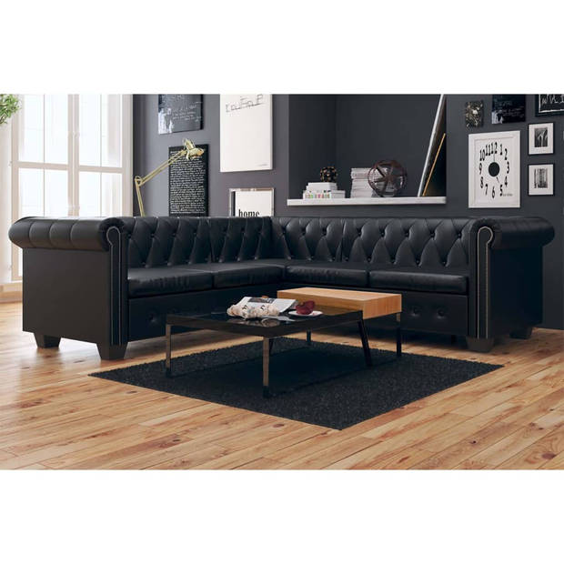 The Living Store Chesterfield 5-zitsbank - 205x205x73 cm - zwart - kunstleren bekleding