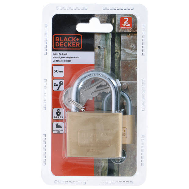 BLACK+DECKER Hangslot met Sleutel - 50mm - Incl. 3 Sleutels - Massief Messing Slot