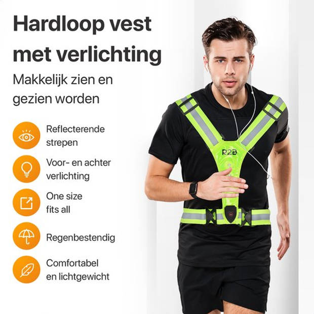 R2B Hardloopvest oplaadbaar - Inclusief USB-C kabel - Hardloop Verlichting aan voor- en achterkant - Reflecterend - Geel