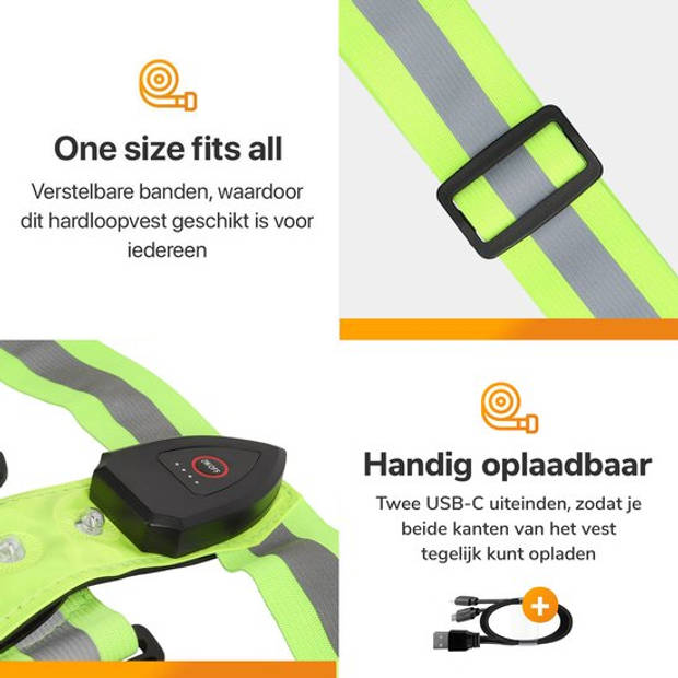 R2B Hardloopvest oplaadbaar - Inclusief USB-C kabel - Hardloop Verlichting aan voor- en achterkant - Reflecterend - Geel