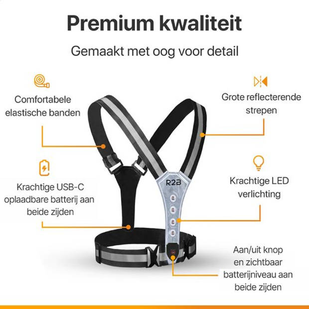 R2B Hardloopvest oplaadbaar - Inclusief USB-C kabel - Hardloop Verlichting aan voor- en achterkant - Reflecterend- Grijs