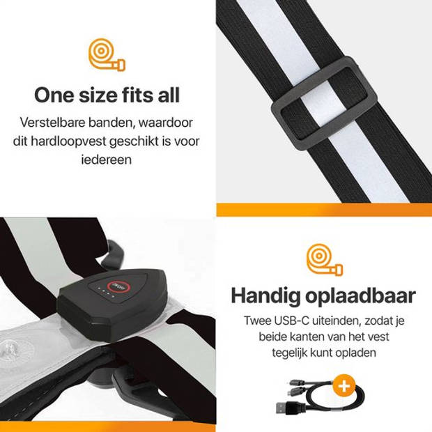 R2B Hardloopvest oplaadbaar - Inclusief USB-C kabel - Hardloop Verlichting aan voor- en achterkant - Reflecterend- Grijs