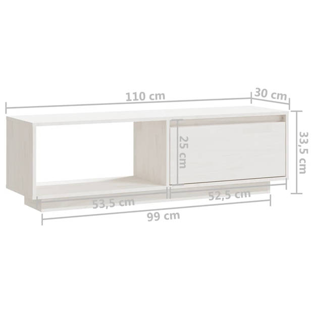 The Living Store Houten TV-meubel - Grenenhout - Wit - 110 x 30 x 33.5 cm - Lades - Opbergschappen