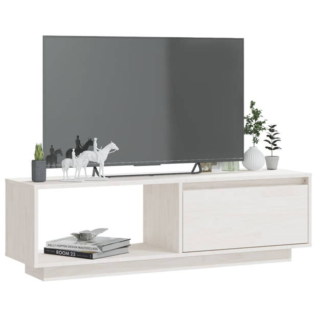 The Living Store Houten TV-meubel - Grenenhout - Wit - 110 x 30 x 33.5 cm - Lades - Opbergschappen