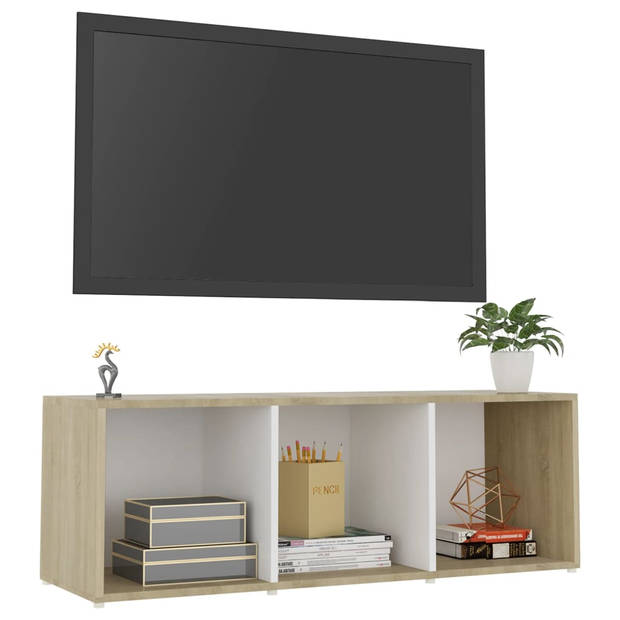 The Living Store Televisiekast - Klassiek - Meubel met 3 vakken - 107 x 35 x 37 cm - kleur wit en sonoma eiken