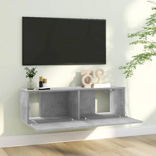 The Living Store TV-meubel - Televisiekast - 100 x 30 x 30 cm - Betongrijs - Neerklapbare deuren