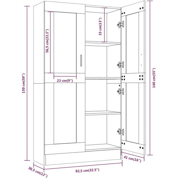 The Living Store Vitrinekast - Grijs sonoma eiken - 82.5 x 30.5 x 150 cm - 4 vakken en 2 glazen deuren