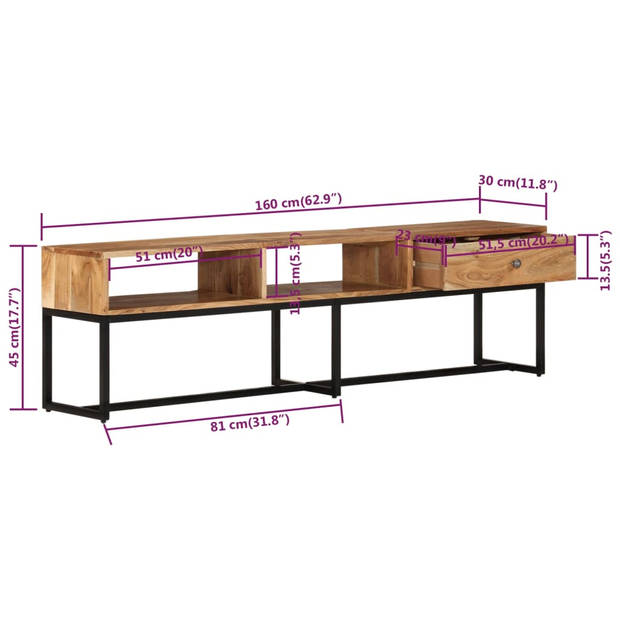 The Living Store Massief Acaciahouten TV-meubel - Vintage stijl - 160 x 30 x 45 cm - Sterk stalen frame